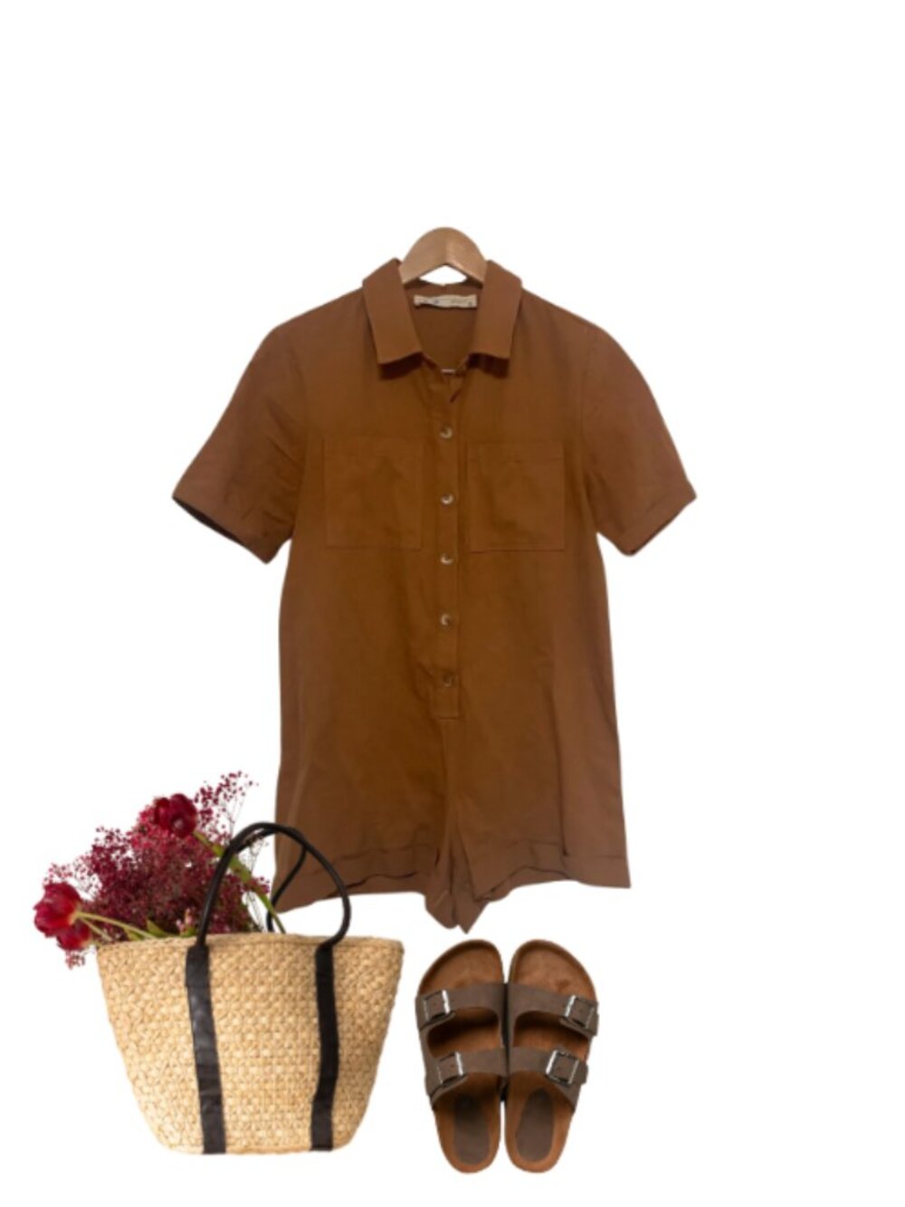Her Entire Name Says Grace brown utility boxy fit button front romper XS nwot